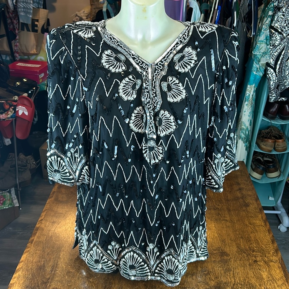 Pure silk sequence and beaded women’s top 3X‎